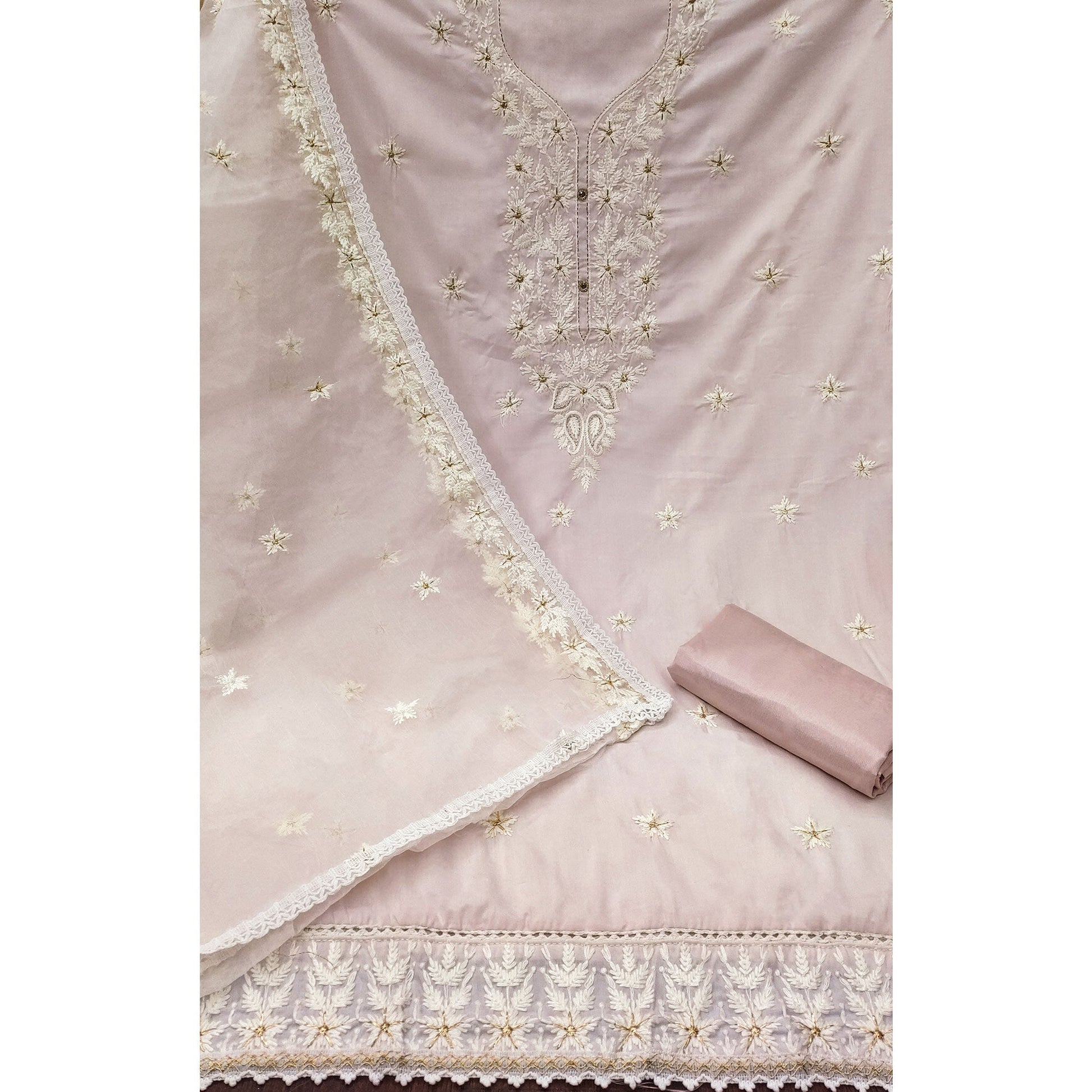 Light Purple Floral Embroidered Cotton Blend Dress Material