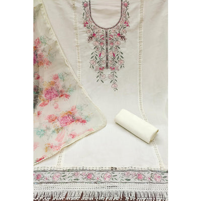Cream Floral Sequins Embroidered Cotton Silk Dress Material