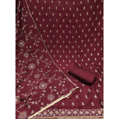 Maroon Sequins Embroidered Vichitra Silk Dress Material