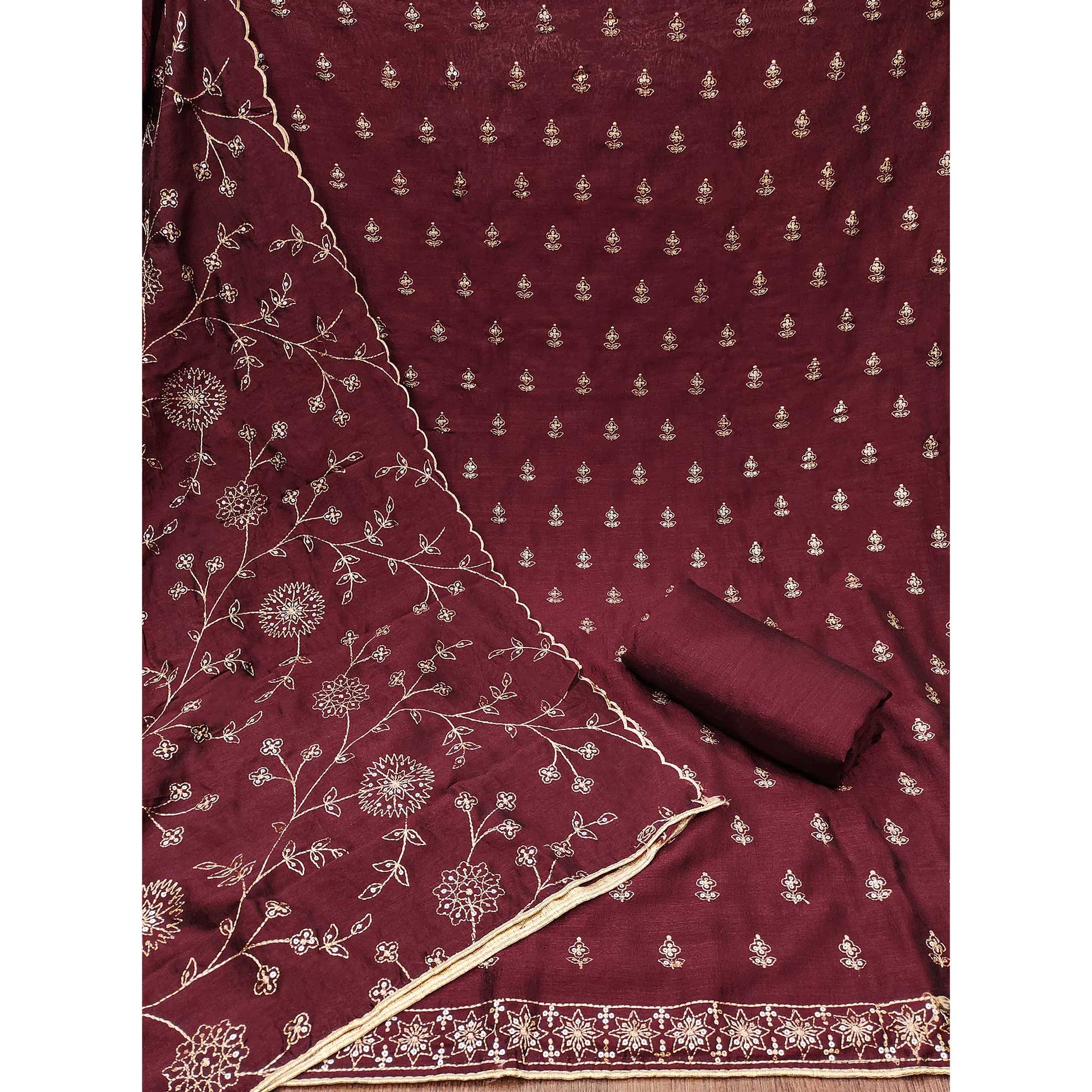 Maroon Sequins Embroidered Vichitra Silk Dress Material