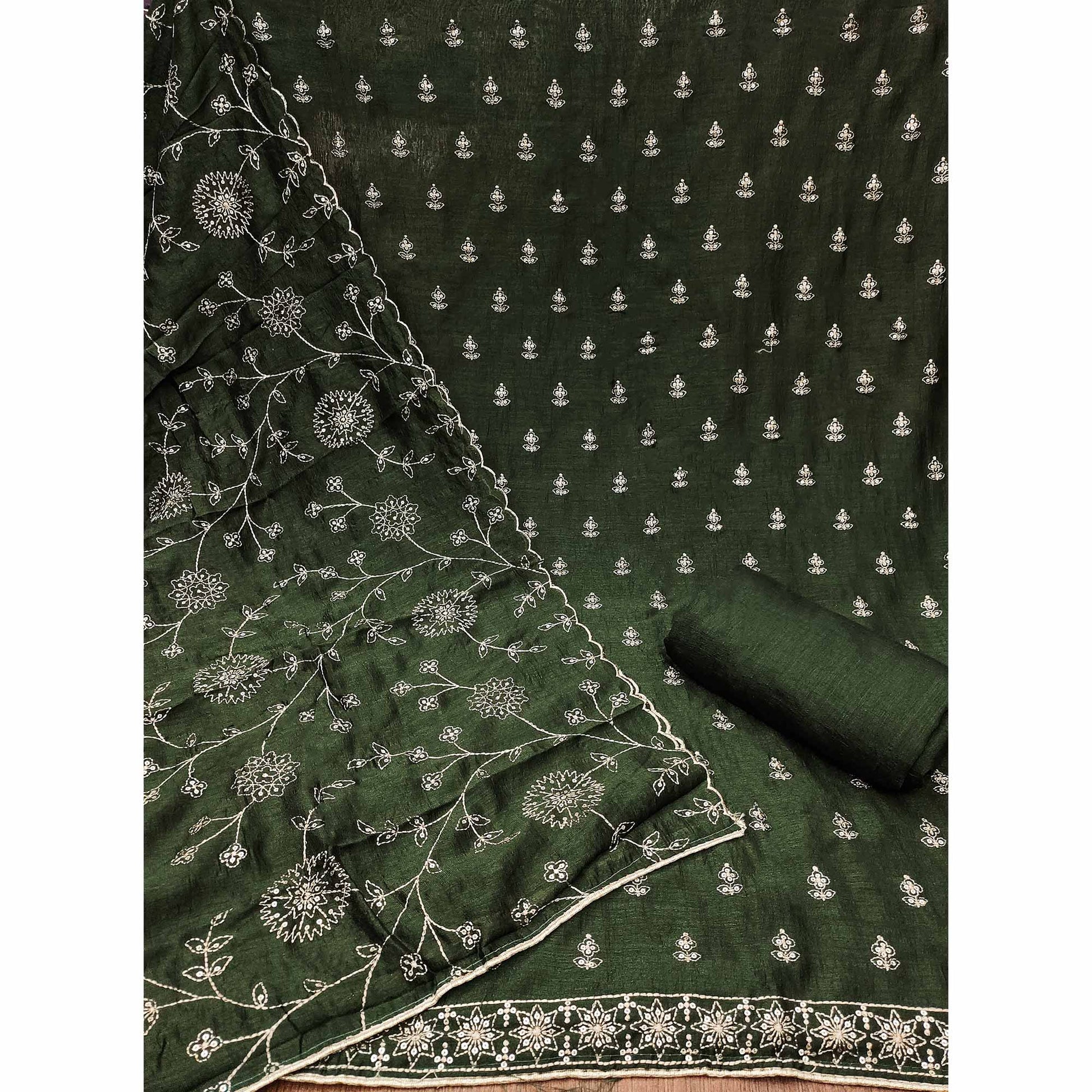 Mehandi Green Sequins Embroidered Vichitra Silk Dress Material