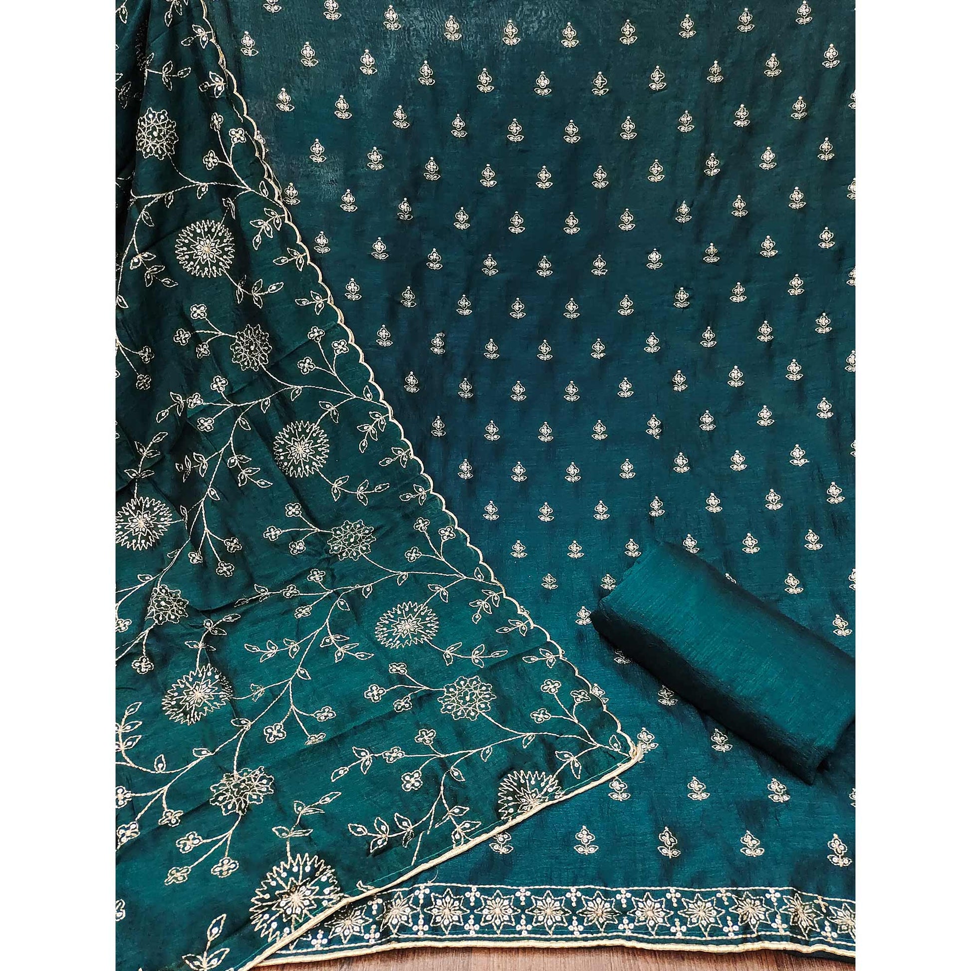 Morpich Sequins Embroidered Vichitra Silk Dress Material