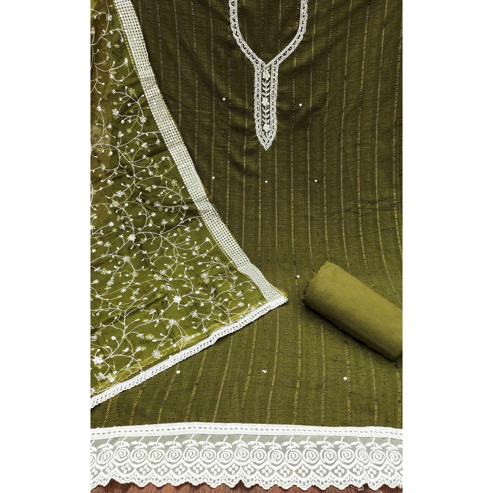 Mehandi Green Woven Pure Cotton Dress Material