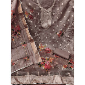Mauve Floral Woven With Stonework Organza Dress Material