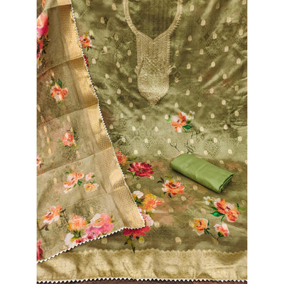 Mehendi Green Floral Woven With Stonework Organza Dress Material