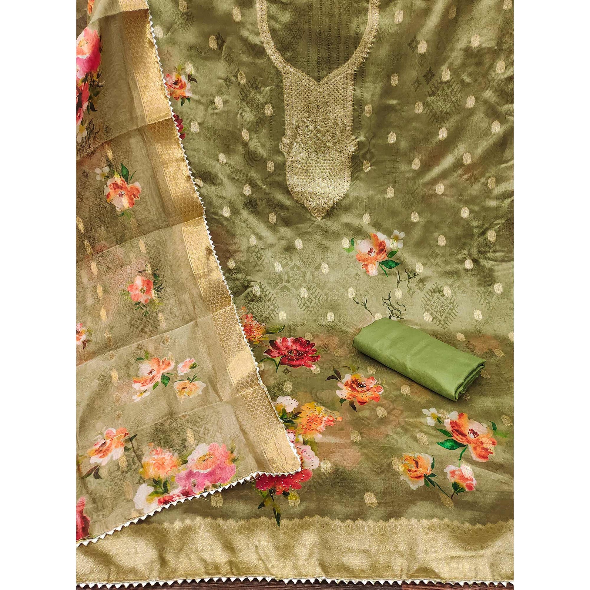 Mehendi Green Floral Woven With Stonework Organza Dress Material