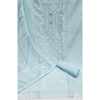 Blue Sequins Embroidery Chanderi Silk Dress Material