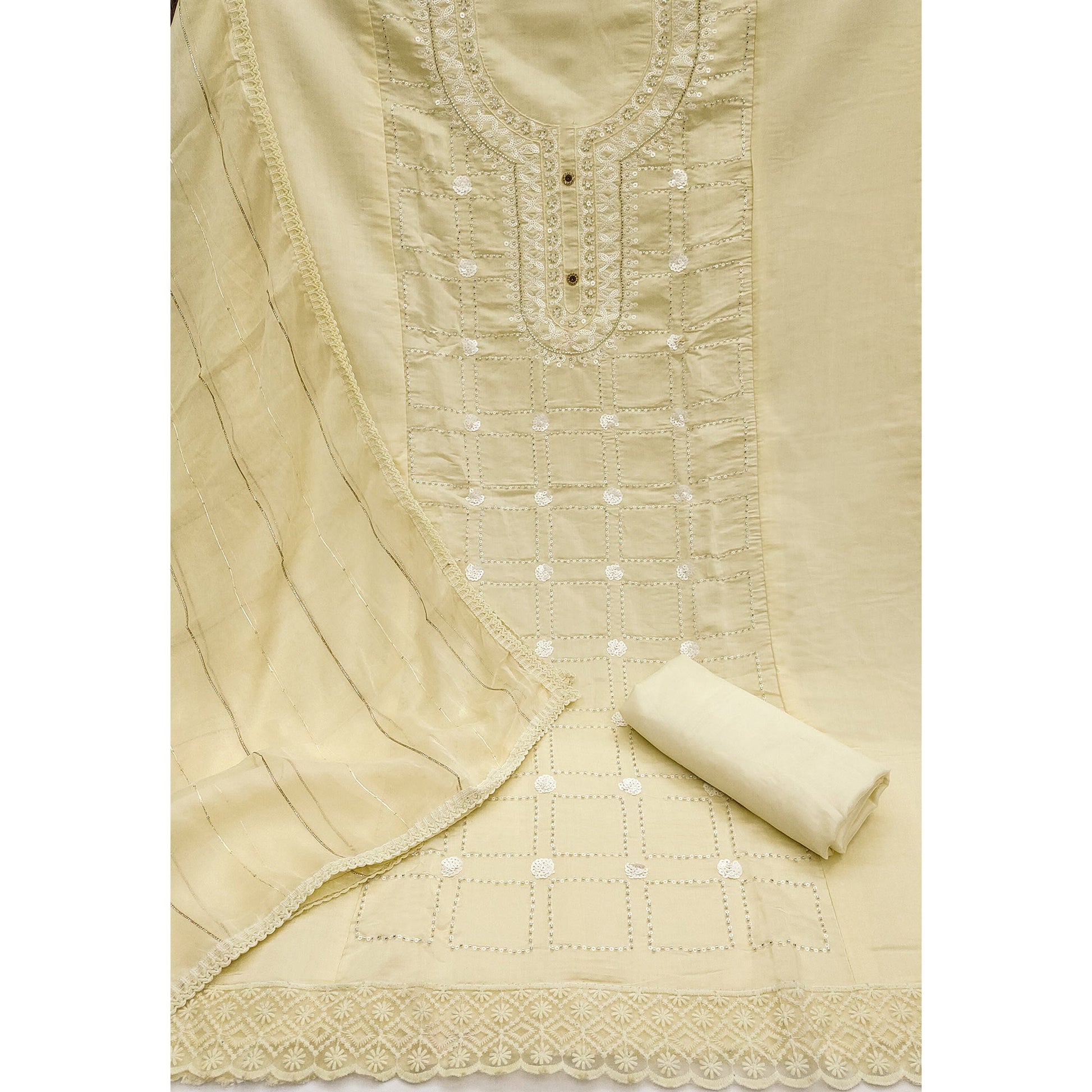 Light Yellow Sequins Embroidery Chanderi Silk Dress Material