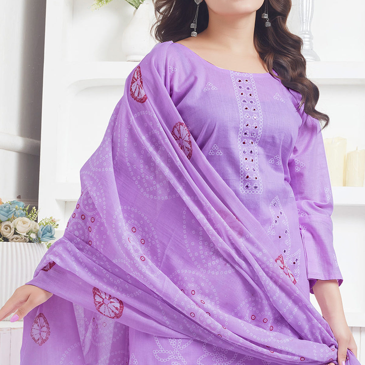 Lavender Printed Pure Cotton Salwar Suit With Mirror Work
