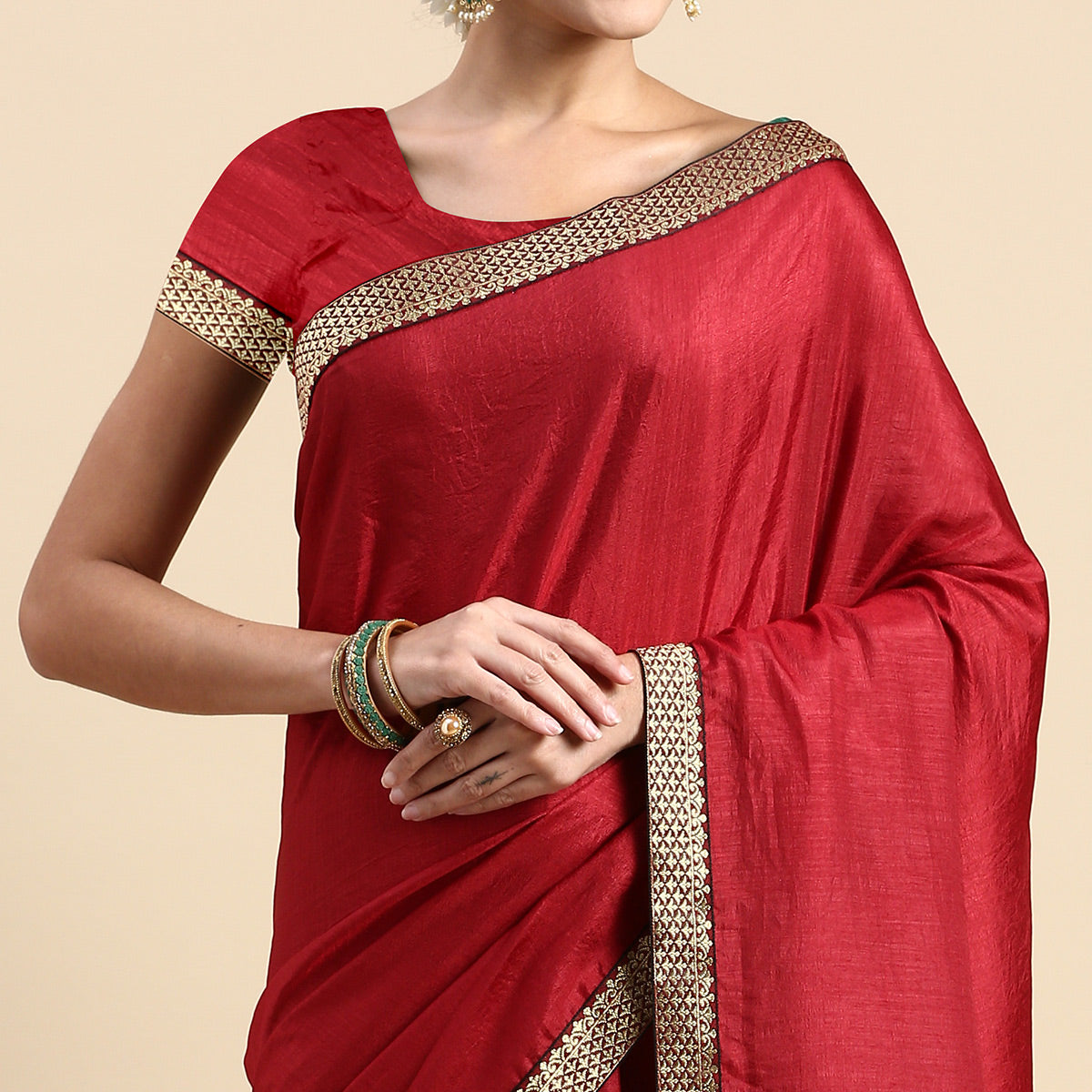 Maroon Solid Vichitra Silk Saree With Fancy Border