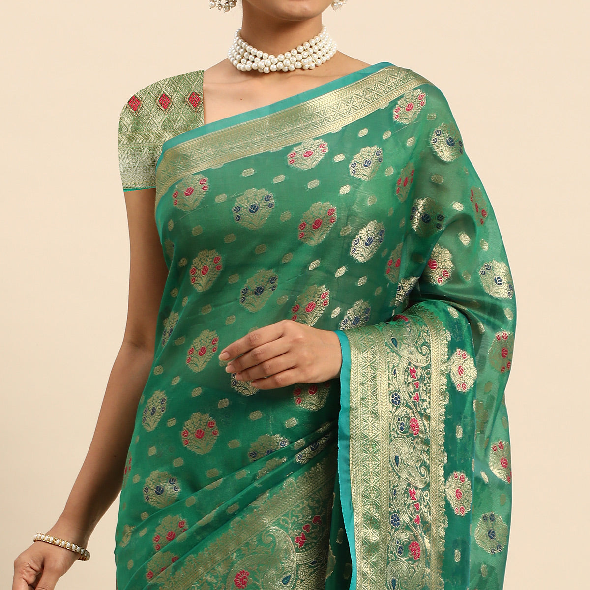 green-floral-woven-organza-silk-saree