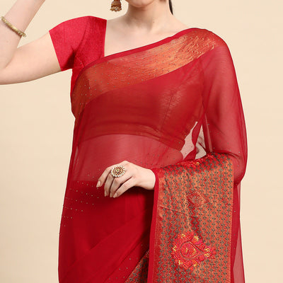 Maroon Swarovski With Embroidery Work Viscose Chiffon Saree