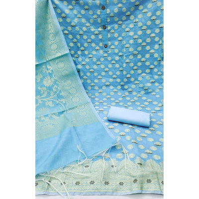 Blue Woven Banarasi Silk Dress Material