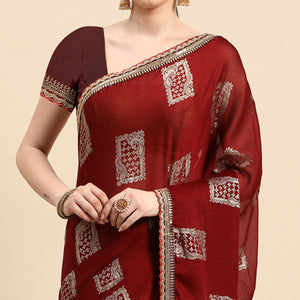 Maroon Foil Printed With Embroidered Border Chiffon Saree
