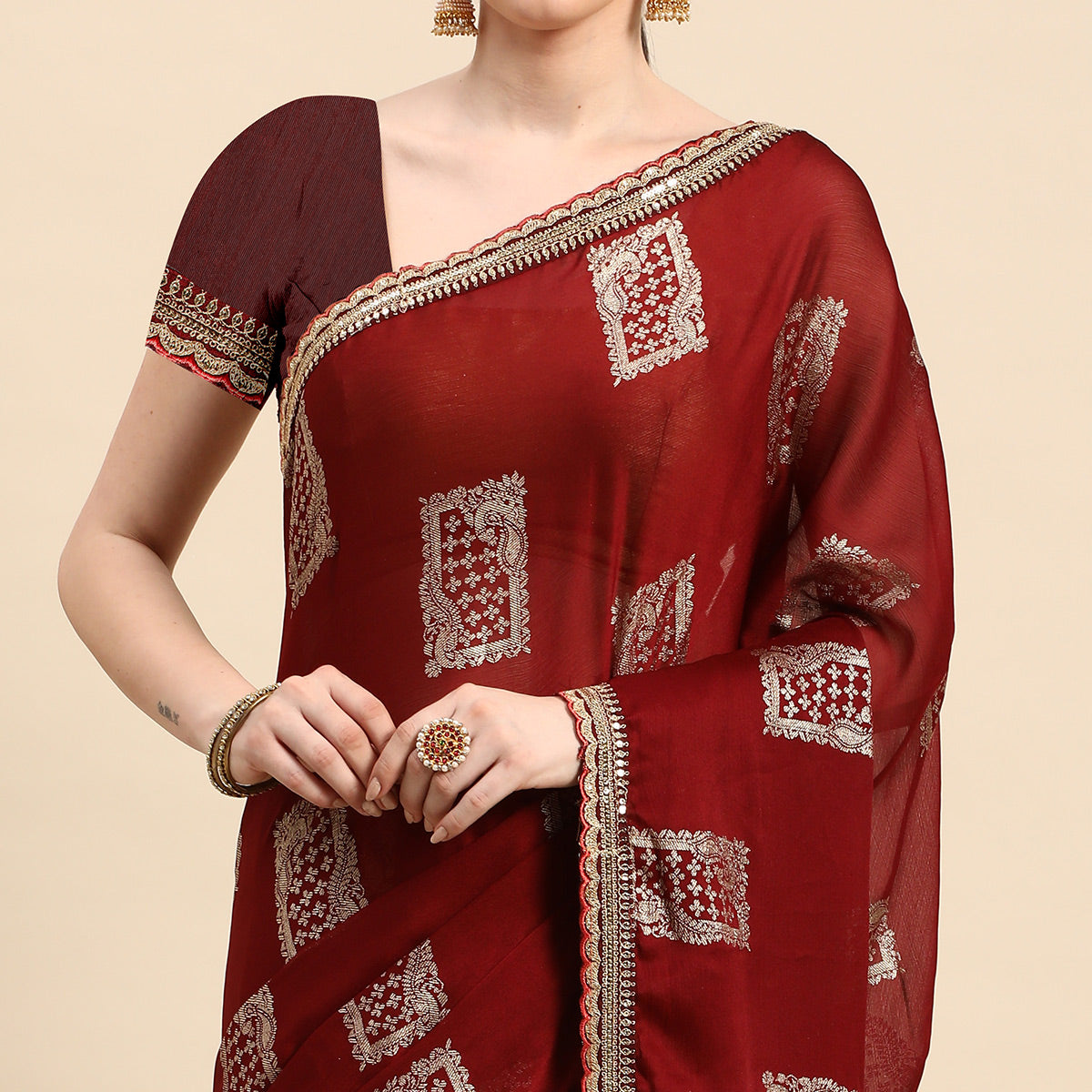 Maroon Foil Printed With Embroidered Border Chiffon Saree
