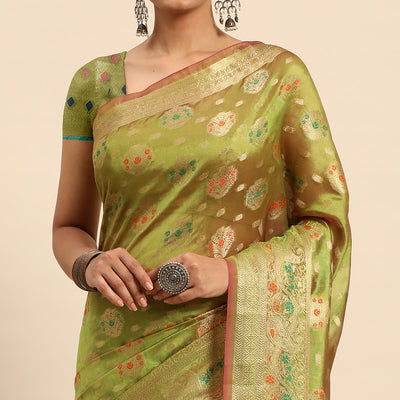 Mehendi Green Floral Woven Organza Silk Saree