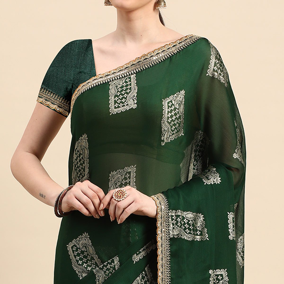 green-foil-printed-with-embroidered-border-chiffon-saree