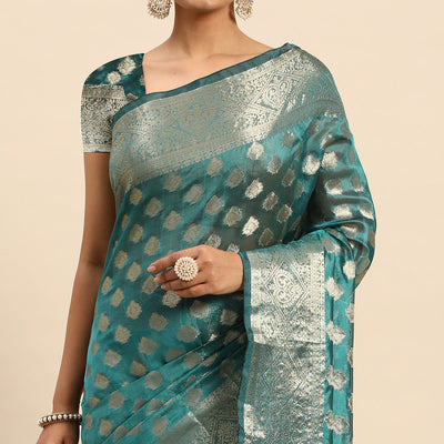 Blue Woven Organza Silk Saree With Tassels