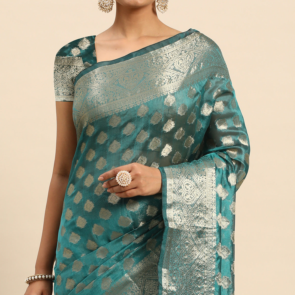 Blue Woven Organza Silk Saree With Tassels