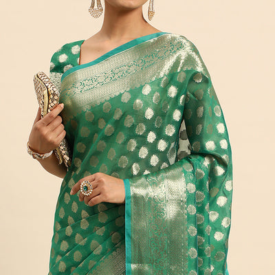 green-woven-organza-silk-saree-with-tassels-2