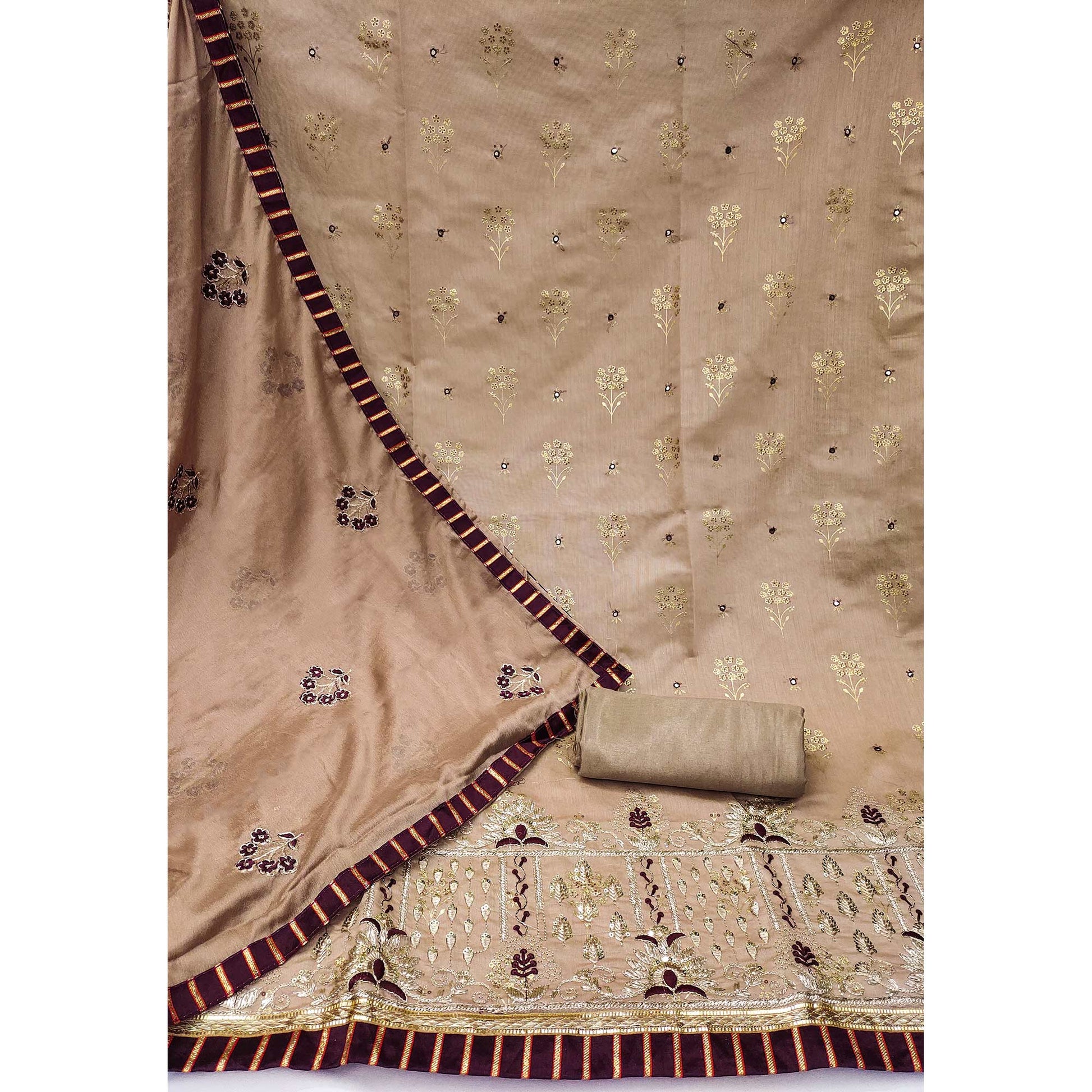 Brown Floral Printed With Embroidery Modal Dress Material