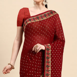 Maroon Foil Printed With Swarovski Zomato Silk Saree