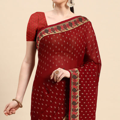 Maroon Foil Printed With Swarovski Zomato Silk Saree