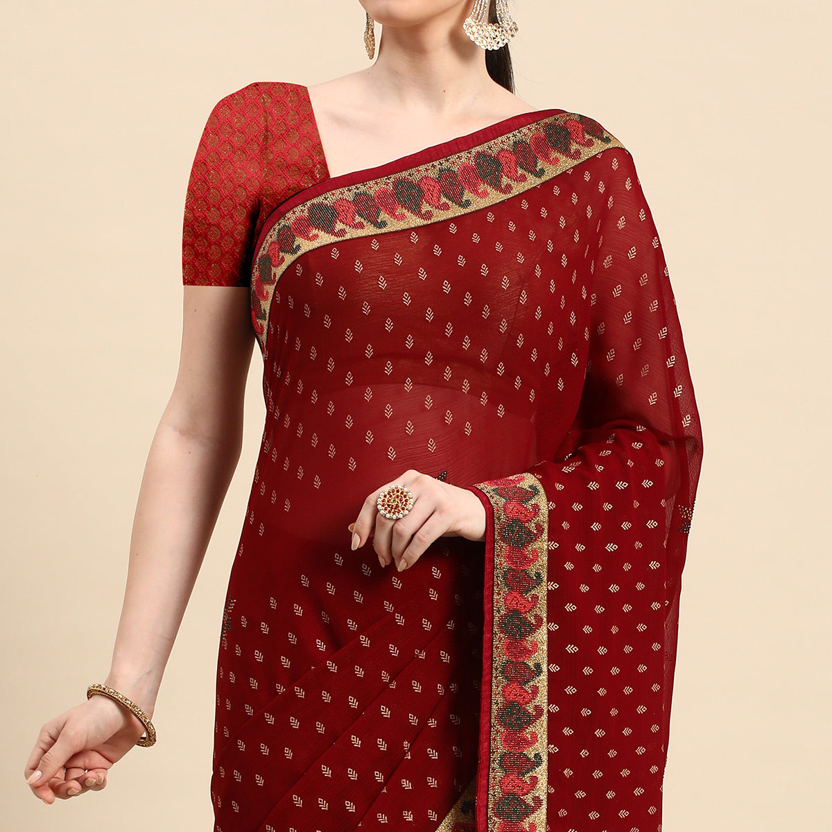 Maroon Foil Printed With Swarovski Zomato Silk Saree
