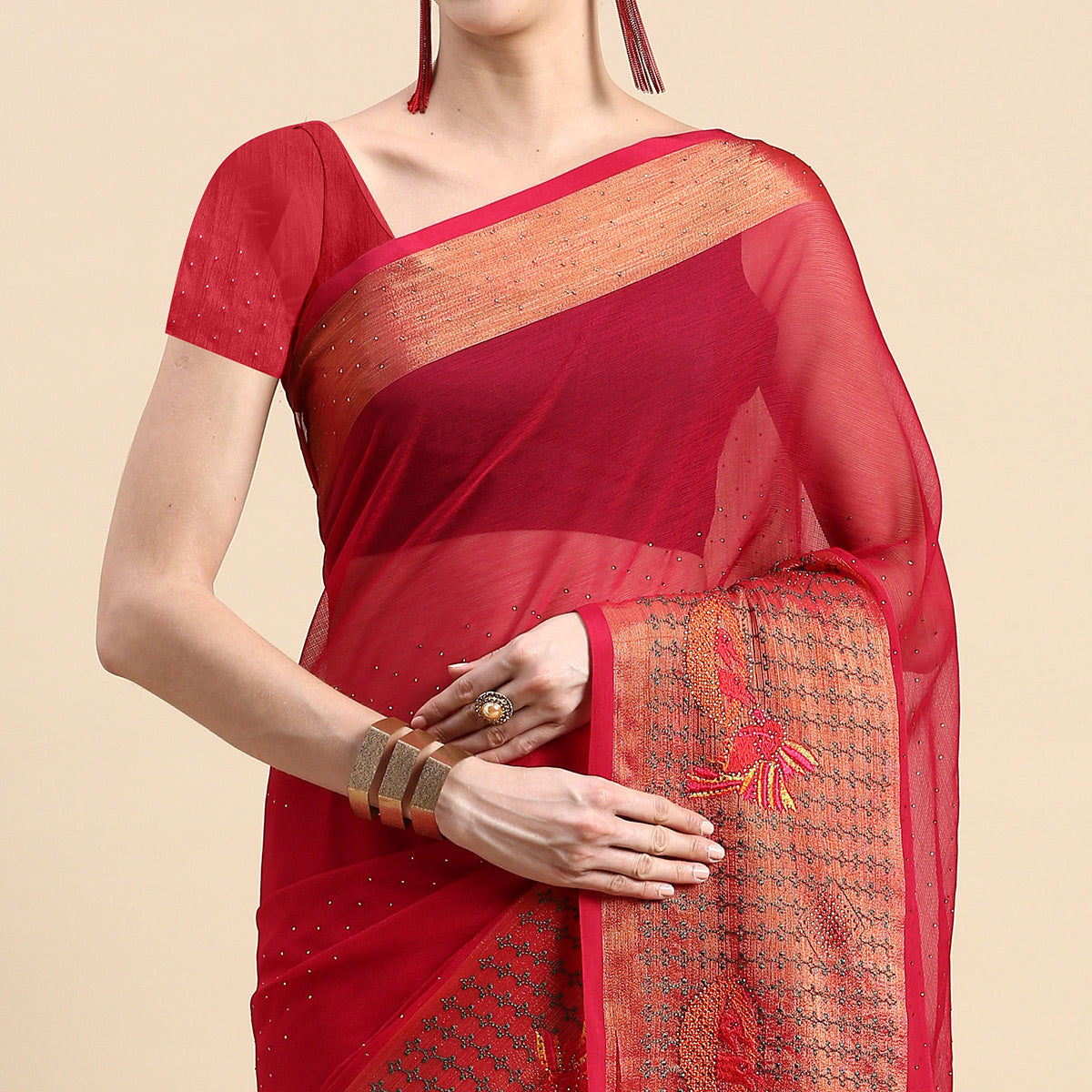 Magenta Purple Embroidered With Swarovski Work Viscose Saree