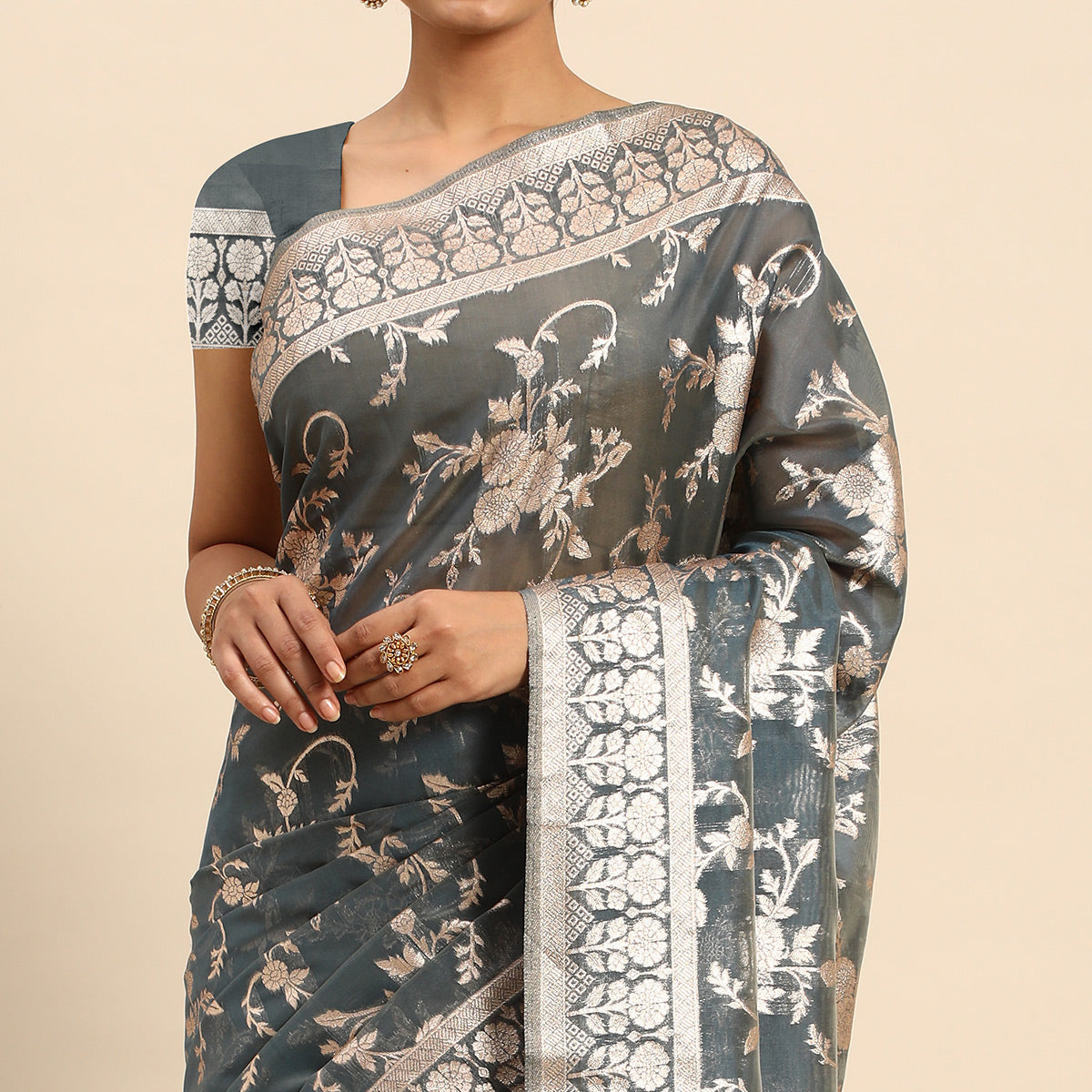 grey-floral-woven-organza-silk-saree-with-tassels