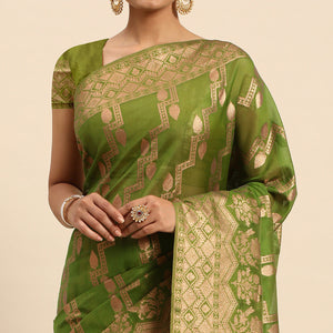 Mehendi Green Floral Woven Organza Silk Saree With Tassels
