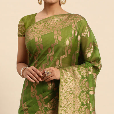 Mehendi Green Floral Woven Organza Silk Saree With Tassels