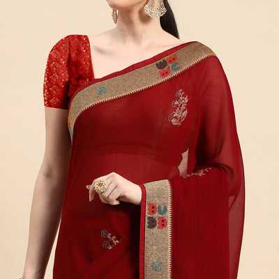 Maroon Foil Printed With Swarovski Zomato Silk Saree