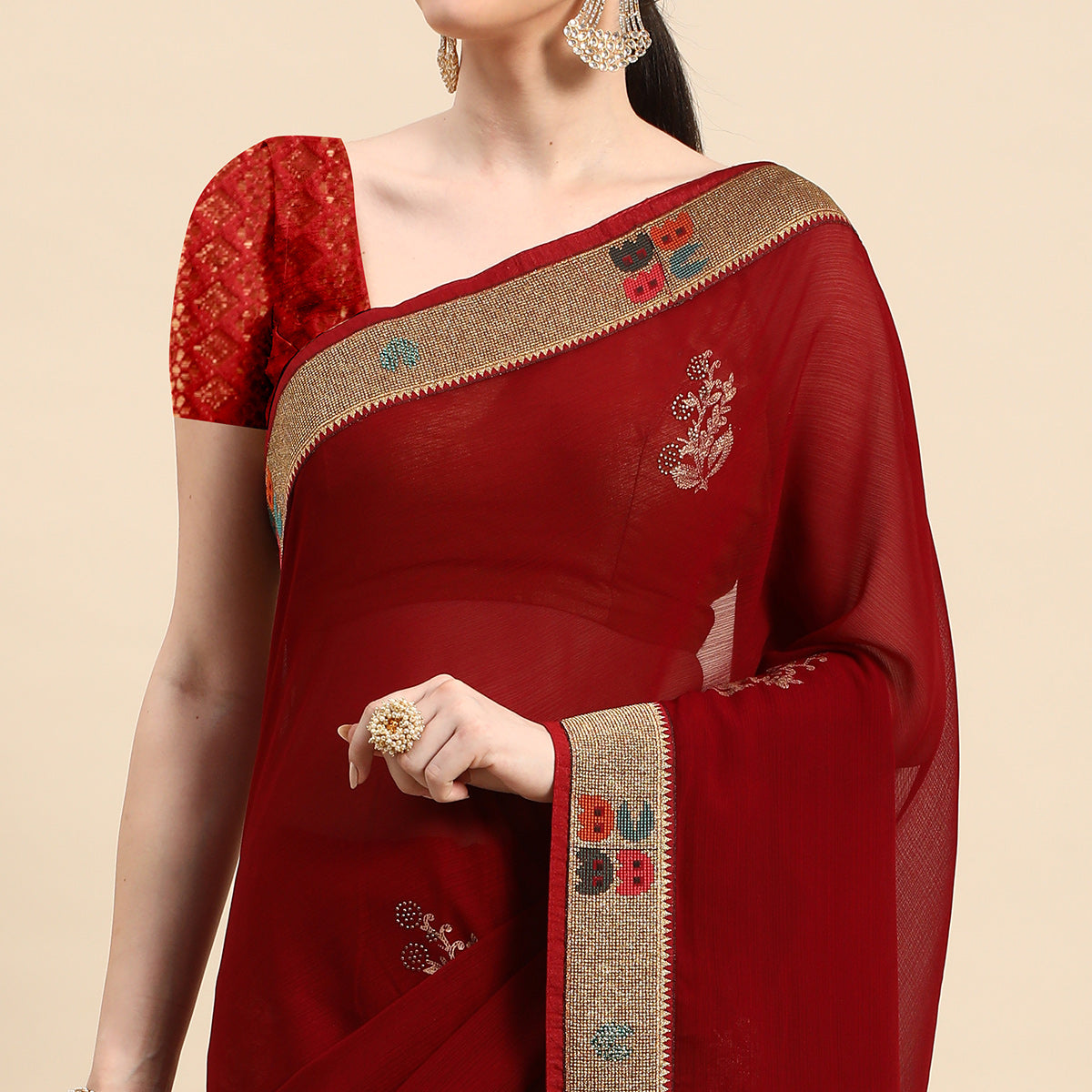 Maroon Foil Printed With Swarovski Zomato Silk Saree