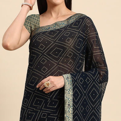 Dark Blue Foil Printed With Swarovski Georgette Saree