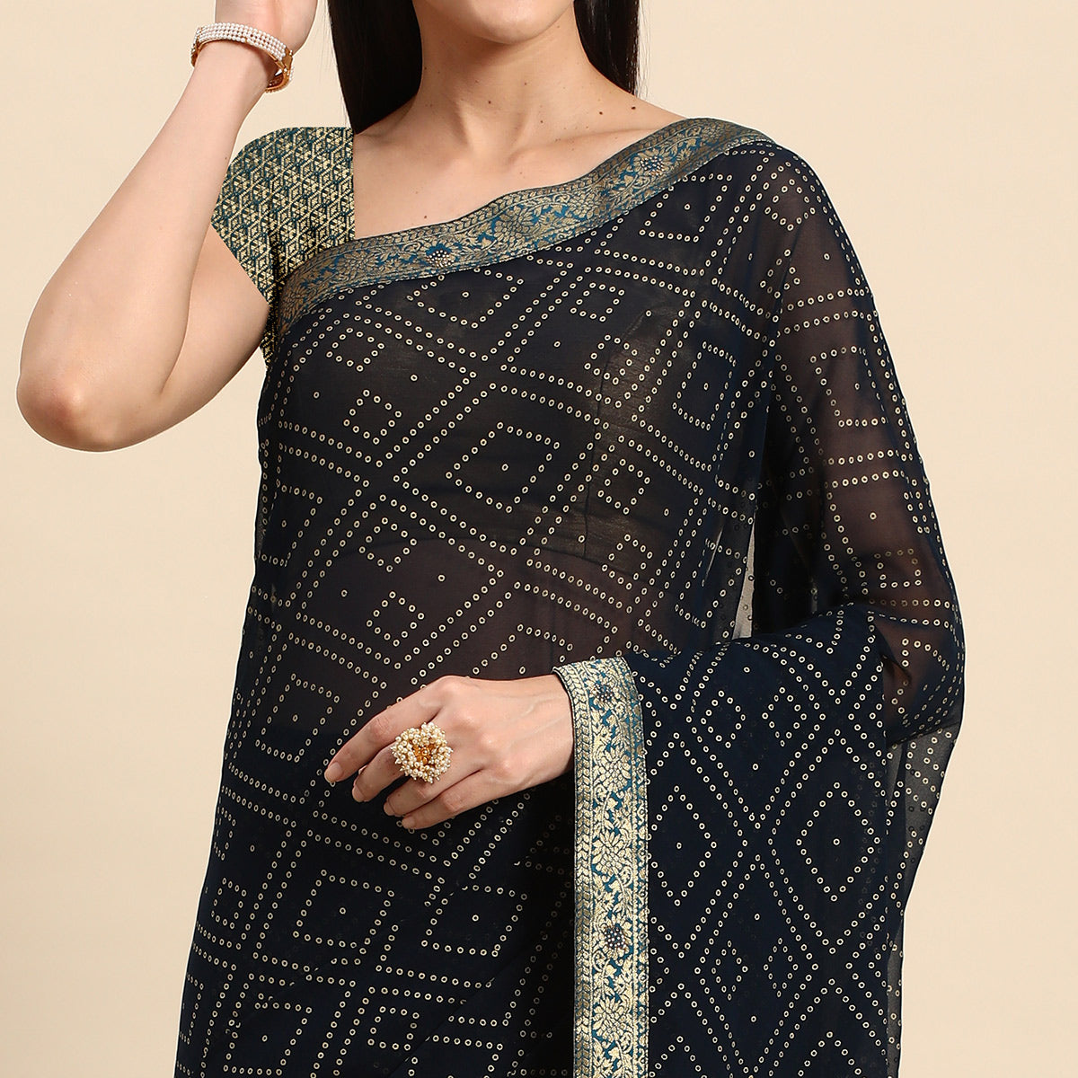 Dark Blue Foil Printed With Swarovski Georgette Saree