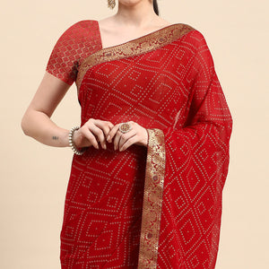 Dark Red Foil Printed With Swarovski Georgette Saree