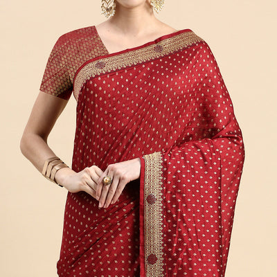 Maroon Foil Printed With Swarovski Vichitra Silk Saree