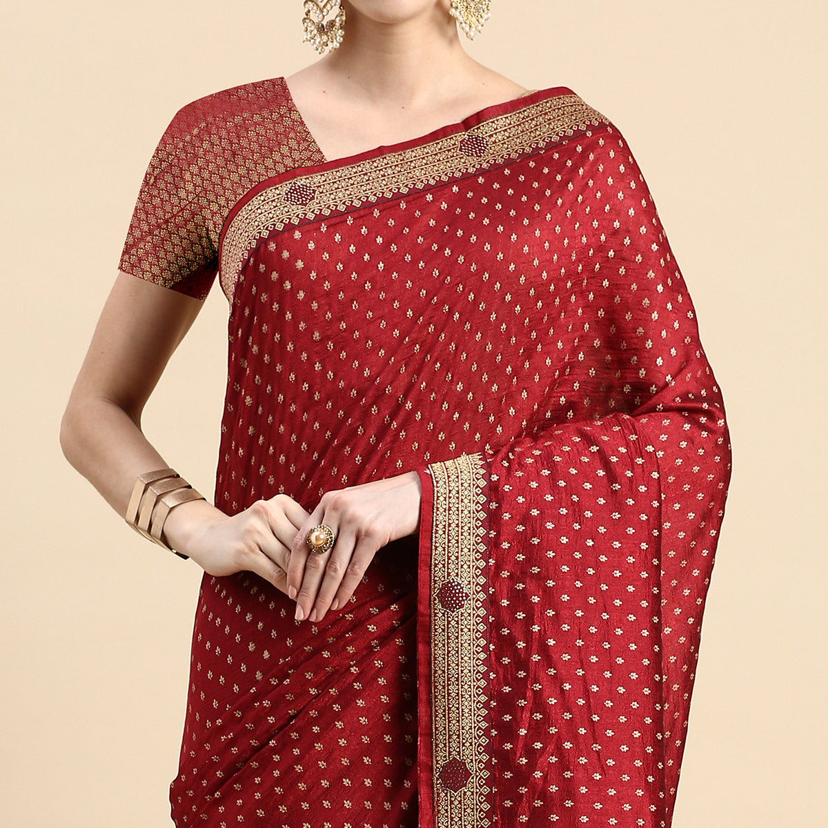 Maroon Foil Printed With Swarovski Vichitra Silk Saree