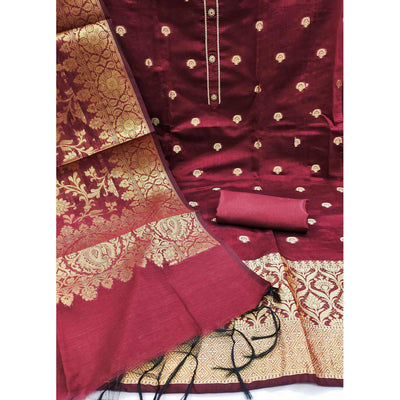 Maroon Floral Woven Banarasi Silk Dress Material