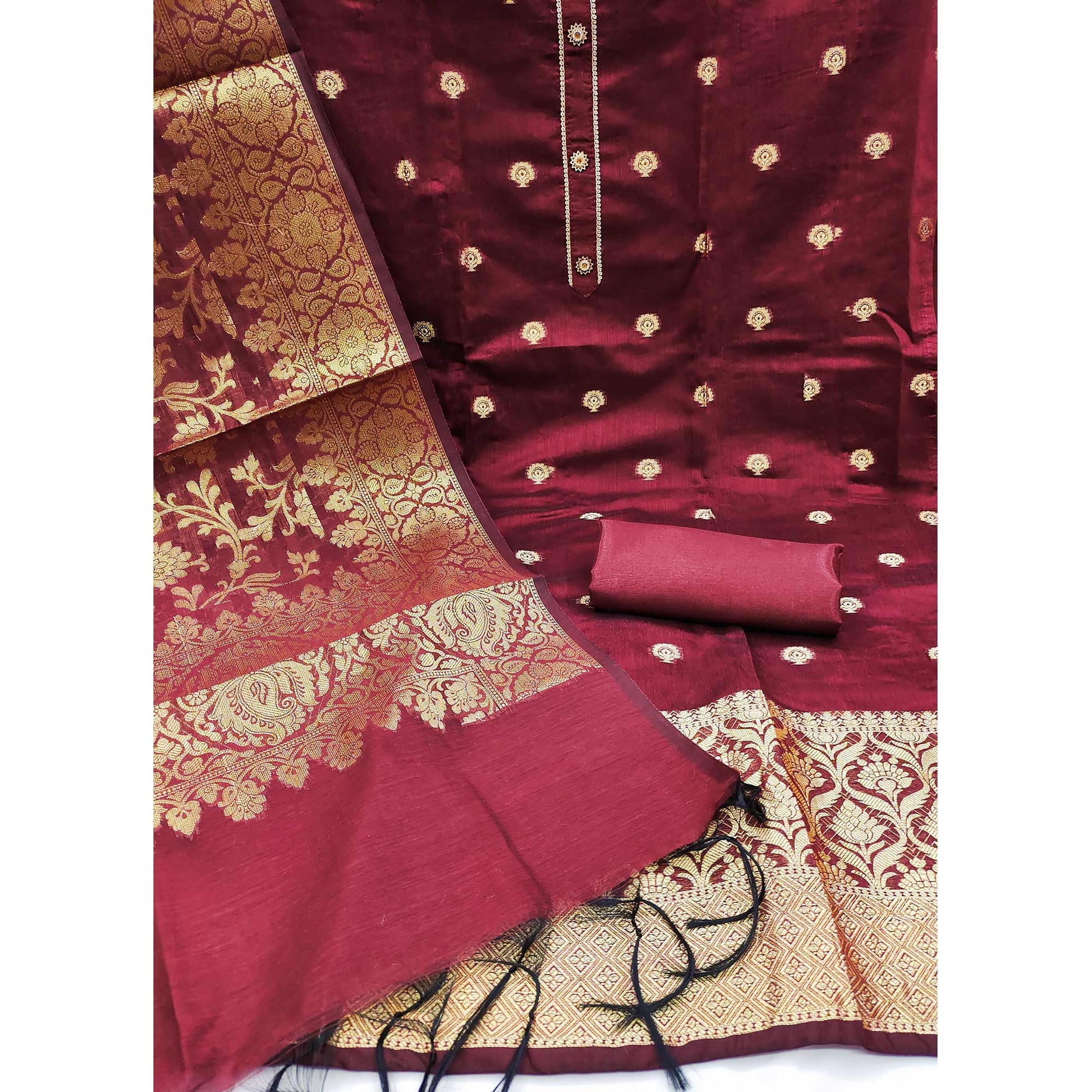 Maroon Floral Woven Banarasi Silk Dress Material