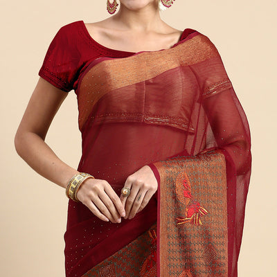 Maroon Embroidered With Swarovski Work Viscose Saree