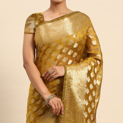 Mehendi Green Woven Organza Silk Saree With Tassels