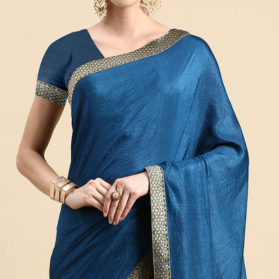 Blue Solid Vichitra Silk Saree With Fancy Border