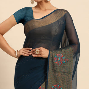 Blue Swarovski With Embroidery Work Viscose Chiffon Saree