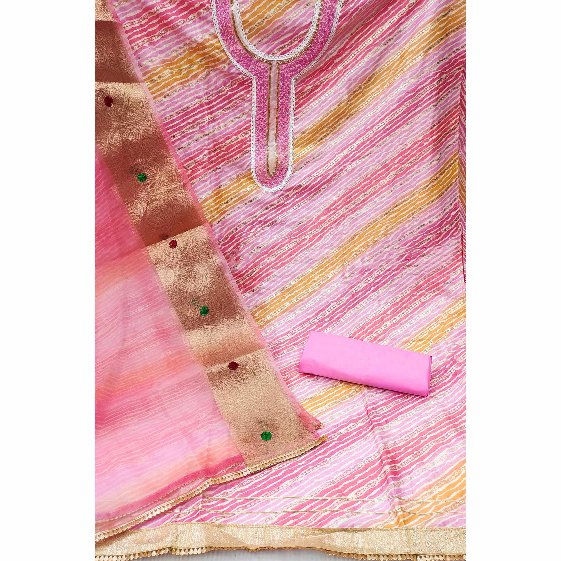 Light Pink Printed With Handwork Pure Cotton Dress Material