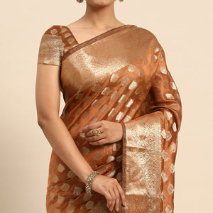 Brown Woven Organza Silk Saree With Tassels