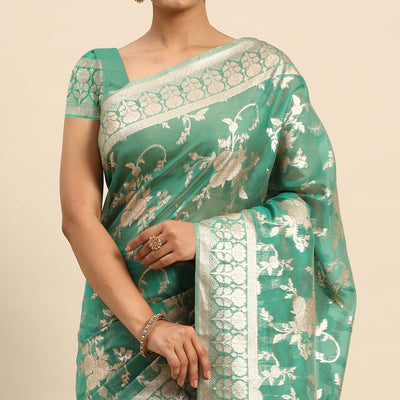 green-floral-woven-organza-silk-saree-with-tassels