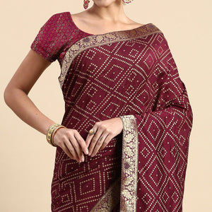 Maroon Foil Printed With Swarovski Vichitra Silk Saree