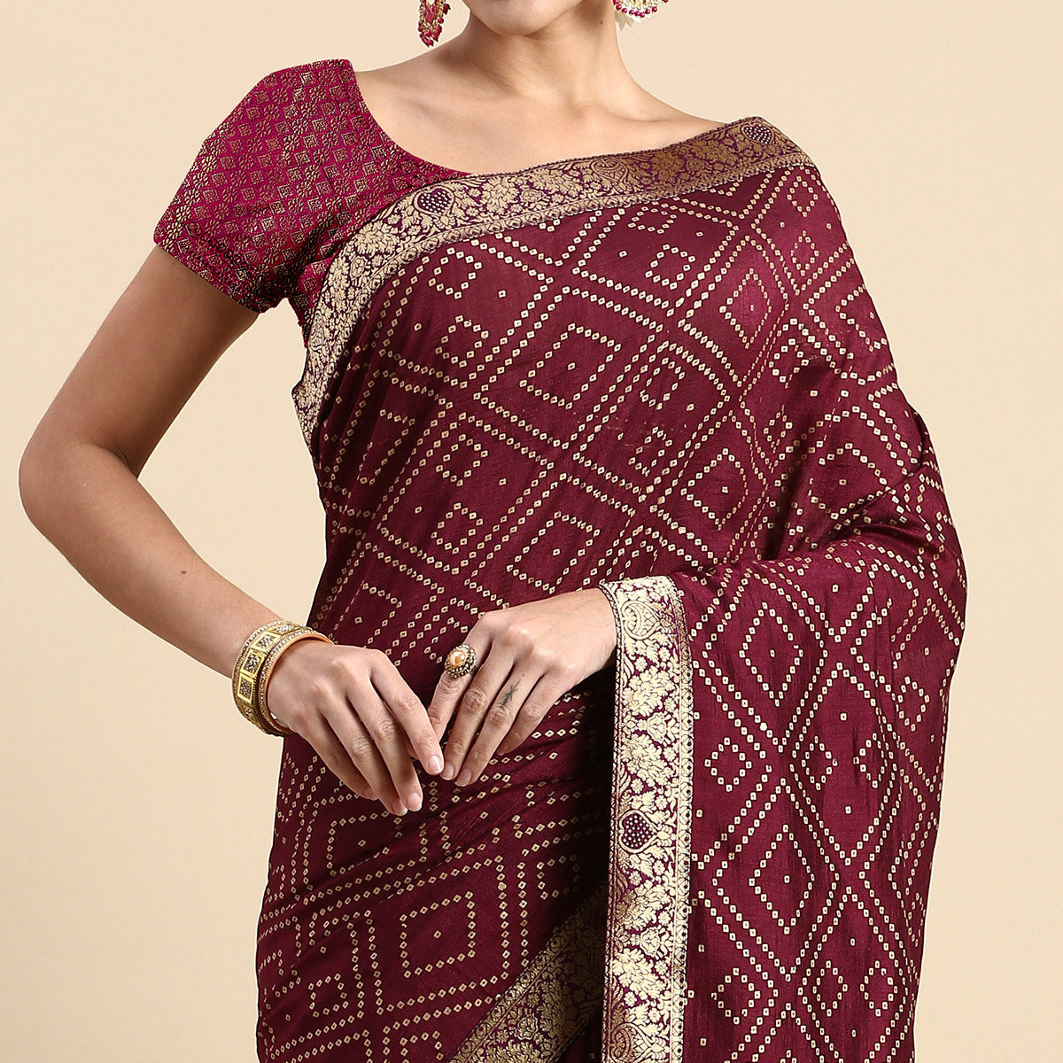 Maroon Foil Printed With Swarovski Vichitra Silk Saree